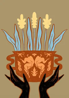 Illustration of a vase with soft lines and warm pastel colors.