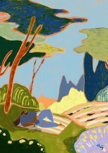 Abstract illustration in soft pastel tones featuring tropical elements