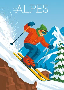 Wandbild von François Beutier: Illustration der Alpen mit einem Skifahrer in der Winterlandschaft