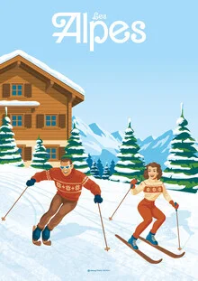 Wandbild von François Beutier: Vintage-Illustration mit Skifahrern in den Alpen