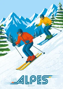 Illustration of the Alps: winter scene with skiers in the snowy mountains