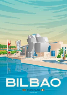 Illustrated view of the Guggenheim Museum in Bilbao with cheerful colors.