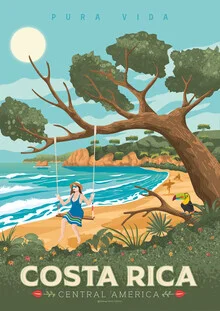 Illustration by François Beutier: woman swinging on the beach in Costa Rica