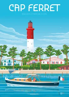 Illustration of a lighthouse in Cap Ferret, surrounded by scenic beaches and dunes.