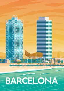 Illustrierte Darstellung von Barcelona mit bunten Szenen des Stadtlebens.