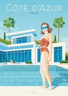 Wall art of an elegant woman in a red bikini by a pool on the French Riviera