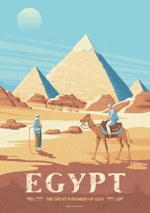 Illustration der Pyramiden von Gizeh mit kamel, in sanften beige-blauen Farbtönen.