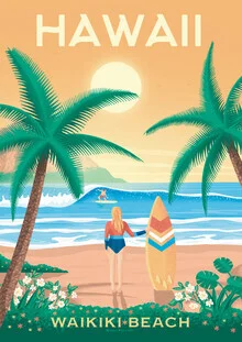 Wandbild von François Beutier: Surferin am Waikiki Beach bei Sonnenuntergang
