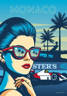 Illustration von François Beutier: Frau mit roter Sonnenbrille vor Formel 1 Auto in Monaco