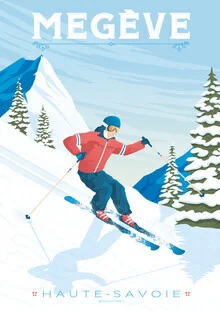 Illustration by François Beutier: skier in Megève with bold colors and vintage style