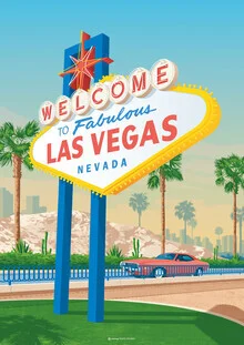 Illustration by François Beutier: colorful Las Vegas travel poster in vintage style