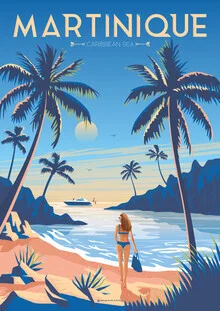 Illustration by François Beutier: Woman watching the sunset over a Caribbean bay