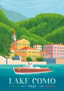 Illustration by François Beutier: A romantic day at Lake Como with colorful houses in the background.