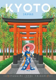 Illustration by François Beutier: travel poster featuring colorful Kyoto scenes.