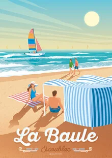 Illustration einer Sommerlandschaft mit blauen Kabinen am Strand von La Baule