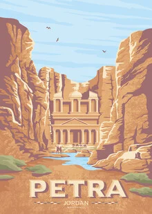 Illustration von François Beutier: Reiseposter mit dem Schatz von Petra in Jordanien