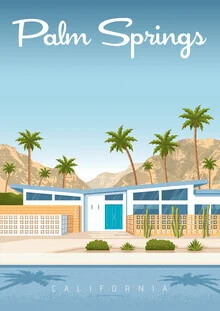 Illustrierte Landschaft von Palm Springs, sonnige Palmen und Retro-Design.
