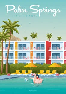 Illustration of the Saguaro Hotel in Palm Springs surrounded by palm trees