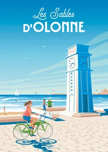 Illustrierte Landschaft von Les Sables d'Olonne mit sanften Farben und maritimer Stimmung.