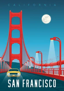 Illustration von François Beutier: Golden Gate Bridge bei Nacht mit gelbem Auto