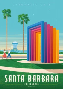 Illustrierte Darstellung von Santa Barbara in Kalifornien mit bunten Elementen.