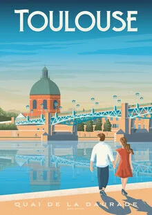 Illustration by François Beutier: romantic scene at Quai de la Daurade in Toulouse