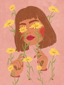 Illustration von Raissa Oltmanns: träumerisches Mädchen umgeben von bunten Blumen