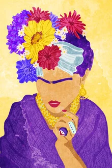 Illustration von Raissa Oltmanns: Frida mit bunten Blumen im Hintergrund
