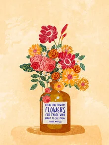 Wandbild mit Blumen in einer Flasche, Pastelltöne und warme Farben von Raissa Oltmanns