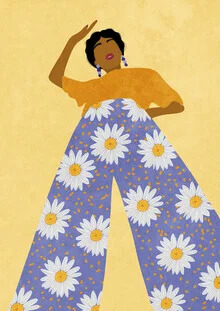 Illustration eines Mädchens im Sommer mit großen weißen Blumen und kräftigen Farben.