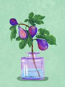 Illustration eines Feigenzweigs in einer Vase mit kräftigen Farben und einem minimalistischen Stil