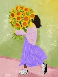Illustration by Raissa Oltmanns: young woman surrounded by sunflowers in vibrant colors