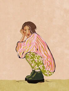 Illustration von Raissa Oltmanns: weibliche Figur in warmen Farben und modischer Pose.