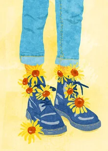 Illustration von Raissa Oltmanns: farbenfrohe Sonnenblumen mit Stiefeln im Sommer