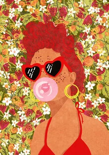 Illustration einer Frau mit Erdbeeren, die in lebhaften Farben gehalten ist.