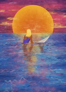 Illustration von Raissa Oltmanns: Surferin vor einem Sonnenuntergang am Meer