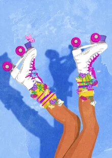 Illustration von Raissa Oltmanns: Mädchen mit Rollschuhen in kräftigen Farben