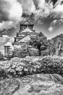 Photo art by Melanie Viola: historic Osaka Castle surrounded by blooming gardens