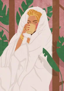 Illustration von Raissa Oltmanns: eine Frau mit Kaffee, umgeben von Pflanzen, entspannend.