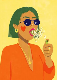 Buntes Wandbild von Raissa Oltmanns: eine fröhliche Frau mit grünen Haaren und Blumen.