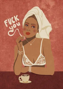 Illustration von Raissa Oltmanns: eine nachdenkliche Frau mit buntem Hintergrund