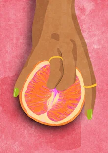 Illustration by Raissa Oltmanns: a hand holding a pink grapefruit