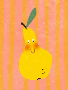Illustration of a cute pear with a friendly face and colorful stripes