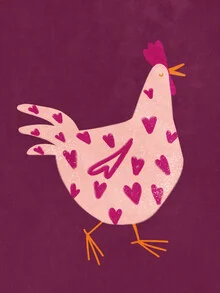 Playful illustration of a chicken with hearts in warm colors