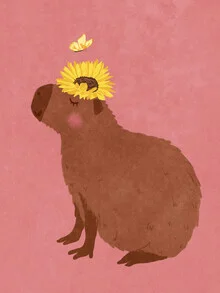 Wall art by Raissa Oltmanns: capybara surrounded by sunflowers in soft colors