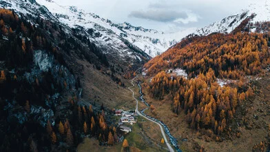 Photo art by Johannes Hulsch: autumn scenery in the Alps with colorful larch trees.