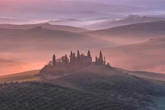 Fotokunst von Achim Thomae: sanfter Sonnenaufgang über toskanischen Weinbergen