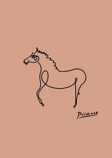 Strichzeichnung eines Pferdes in Terracotta-Farben, minimalistische Kunst mit sanften Linien.