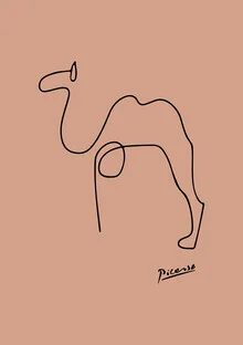 Minimal line drawing of a camel on a terracotta background.