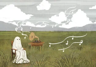Illustration by Katherine Blower: ghostly landscape featuring a record player